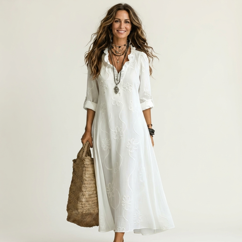 Marian | Vestido largo de algodón y lino, con bordado floral tono sobre tono