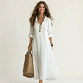 Marian | Vestido largo de algodón y lino, con bordado floral tono sobre tono
