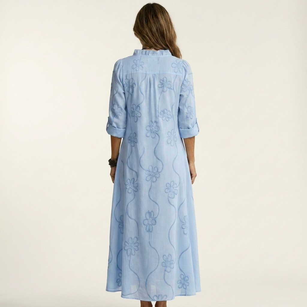 Marian | Vestido largo de algodón y lino, con bordado floral tono sobre tono