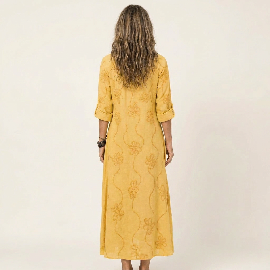 Marian | Vestido largo de algodón y lino, con bordado floral tono sobre tono