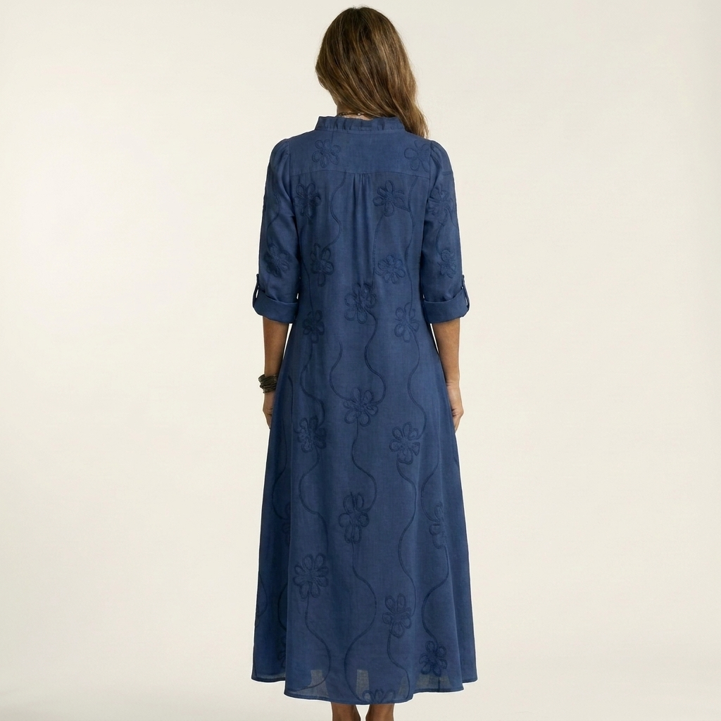 Marian | Vestido largo de algodón y lino, con bordado floral tono sobre tono
