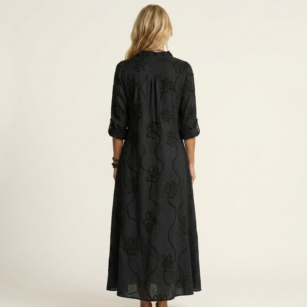 Marian | Vestido largo de algodón y lino, con bordado floral tono sobre tono