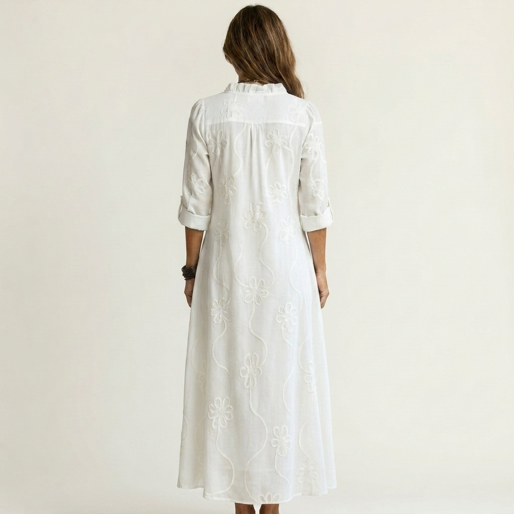 Marian | Vestido largo de algodón y lino, con bordado floral tono sobre tono