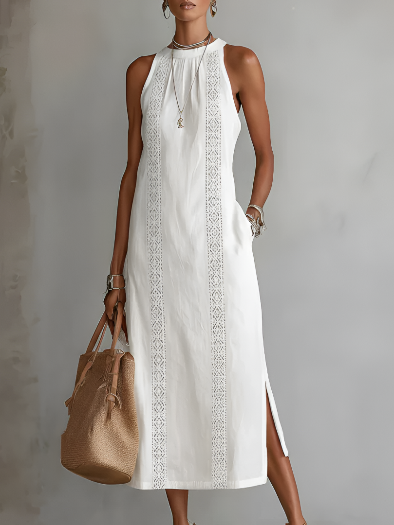 Jimena | Vestido midi casual bordado con cuello mao