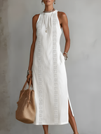 Jimena | Vestido midi casual bordado con cuello mao
