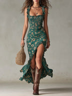 Zara | Vestido largo de estilo bohemio con fruncidos, estampado floral y abertura lateral