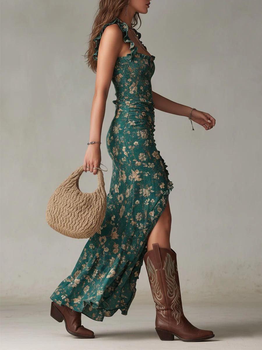 Zara | Vestido largo de estilo bohemio con fruncidos, estampado floral y abertura lateral