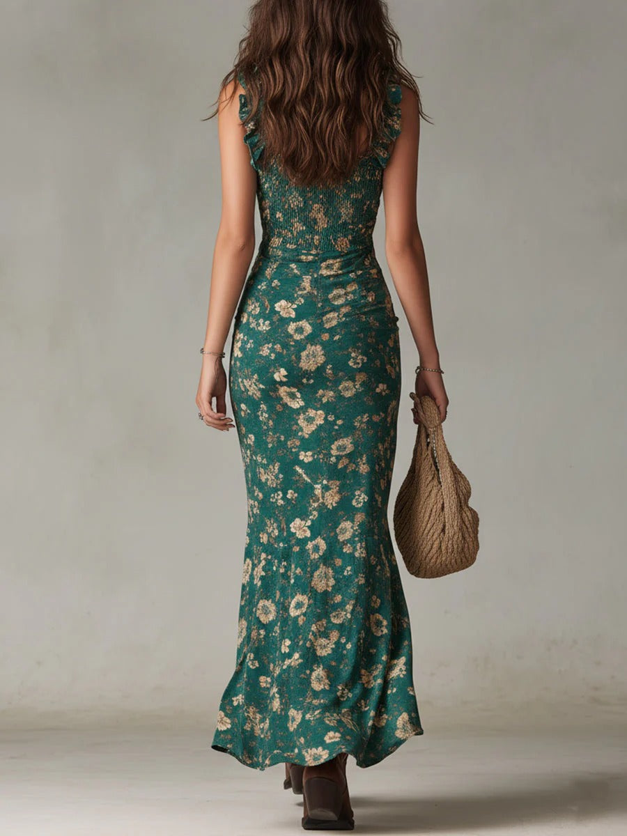 Zara | Vestido largo de estilo bohemio con fruncidos, estampado floral y abertura lateral