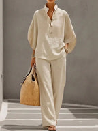Sophie | Conjunto de lino con mangas murciélago y pantalón ancho