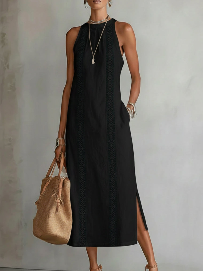 Jimena | Vestido midi casual bordado con cuello mao