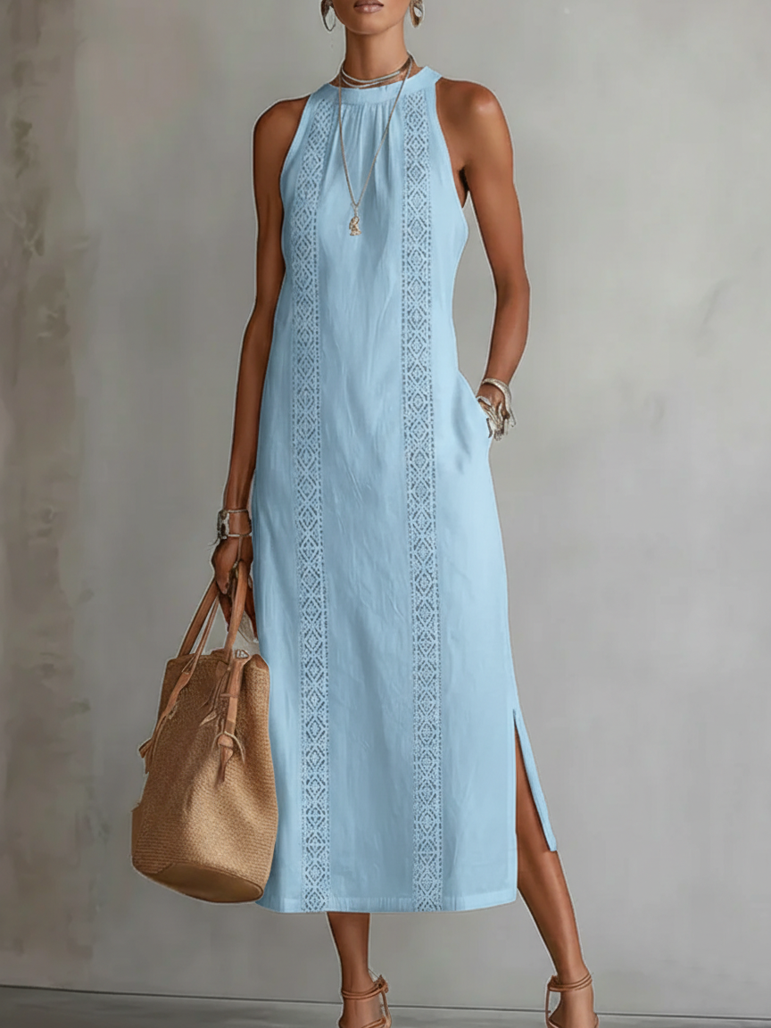 Jimena | Vestido midi casual bordado con cuello mao