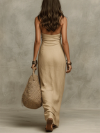 Avelina™ – Vestido largo voluminoso de algodón y lino, cuello americano